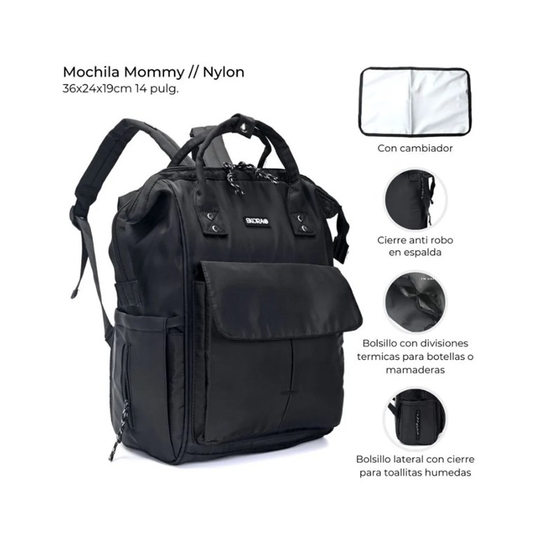 PROMO! MOCHILA MOMMY CON CAMBIADOR 14 PULGADA COLOR NEGRO SKORA