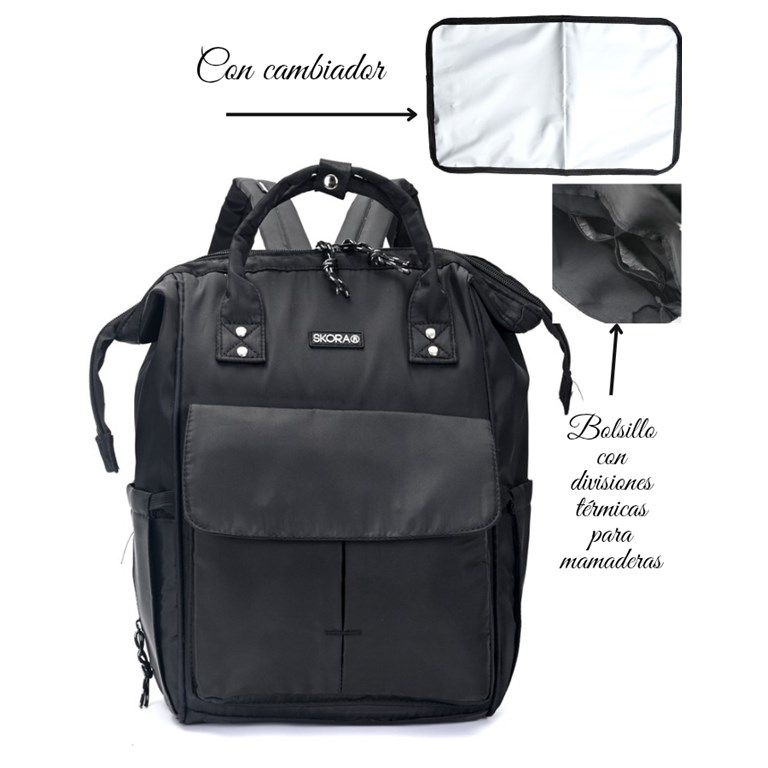 PROMO! MOCHILA MOMMY CON CAMBIADOR 14 PULGADA COLOR NEGRO SKORA