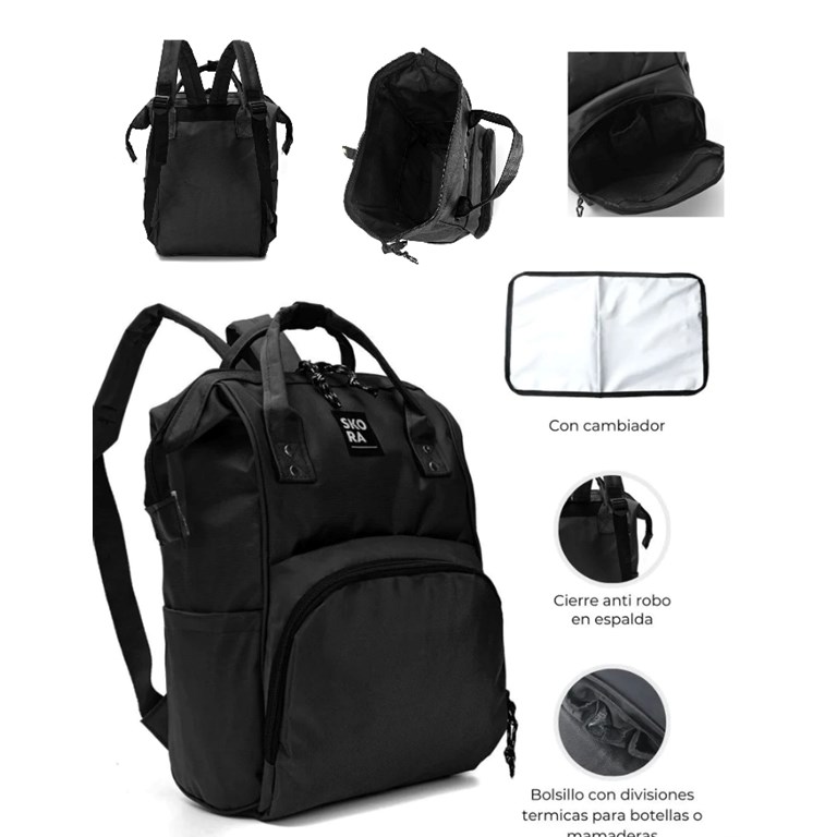 PROMO! MOCHILA MOMMY BOCA DE PEZ CON CIERRES INCLUYE CAMBIADOR COLOR NEGRA SKORA