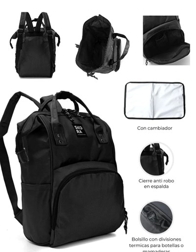 PROMO! MOCHILA MOMMY BOCA DE PEZ COLOR NEGRA CON CIERRES INCLUYE CAMBIADOR. 35x24x14 CM