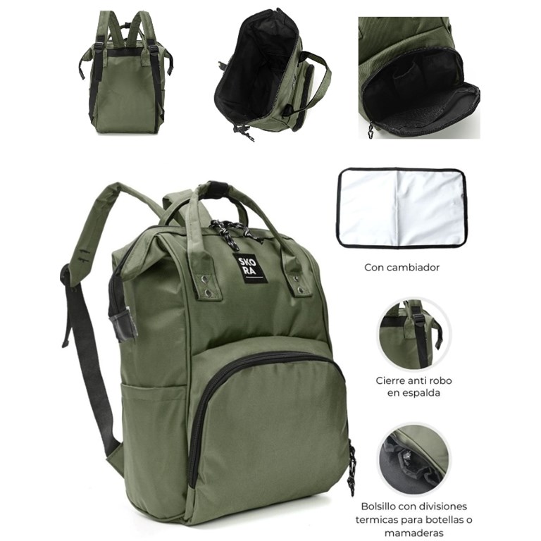 PROMO! MOCHILA MOMMY BOCA DE PEZ CON CIERRES INCLUYE CAMBIADOR COLOR VERDE SKORA