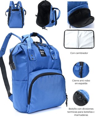 PROMO! MOCHILA MOMMY BOCA DE PEZ COLOR AZUL CON CIERRES INCLUYE CAMBIADOR. 35x24x14 CM