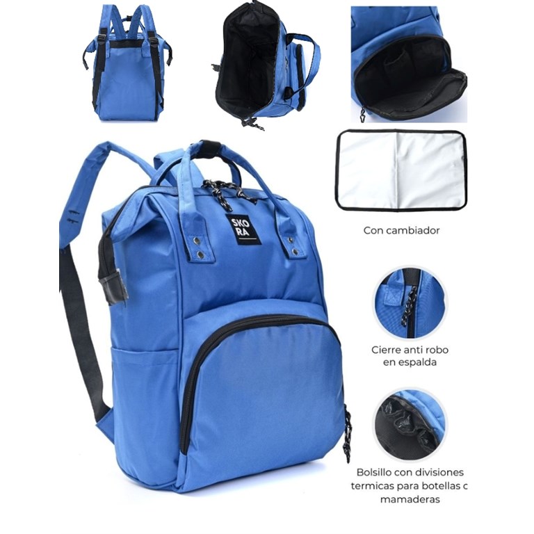 PROMO! MOCHILA MOMMY BOCA DE PEZ CON CIERRES INCLUYE CAMBIADOR COLOR AZUL SKORA