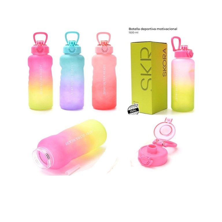 BOTELLA DEPORTIVA MOTIVACIONAL CON PICO, ROJA CELESTE Y VERDE. SKORA