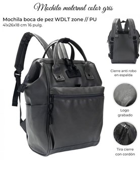 MOCHILA GRIS TIRAS REGULABLES, BOCA DE PEZ WDLT