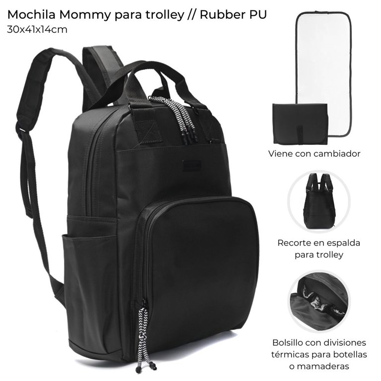 MOCHILA MATERNAL NEGRA PARA TROLLEY CON CAMBIADOR. 30X41X14 CM