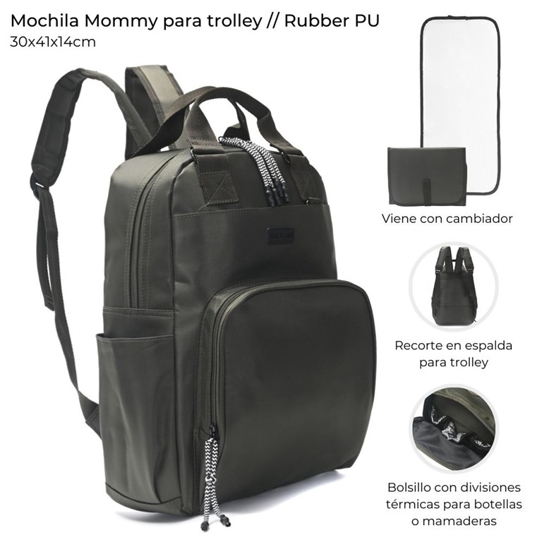 MOCHILA MATERNAL VERDE PARA TROLLEY CON CAMBIADOR.  30X41X14 CM