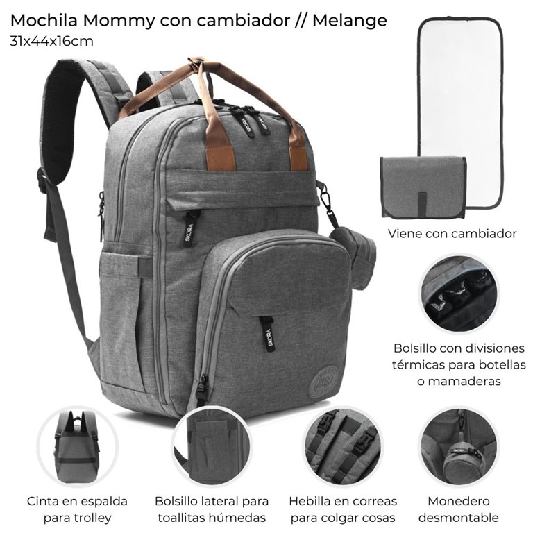 MOCHILA MATERNAL GRIS CON CAMBIADOR Y MONEDERO. 31X44X16 CM