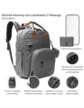 MOCHILA MATERNAL GRIS CON CAMBIADOR Y MONEDERO. 31X44X16 CM
