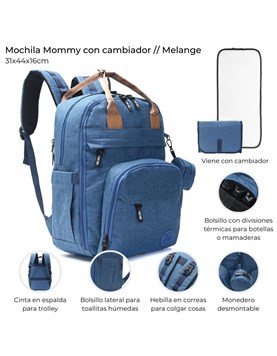 MOCHILA MATERNAL AZUL CON CAMBIADOR Y MONEDERO. 31X44X16 CM