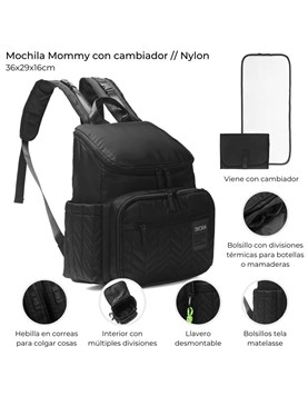 MOCHILA MATERNAL NEGRA CON CAMBIADOR MATELASSE. 36X29X16 CM