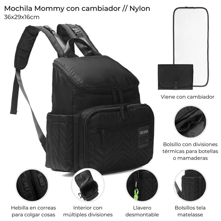 MOCHILA MATERNAL NEGRA CON CAMBIADOR MATELASSE. 36X29X16 CM