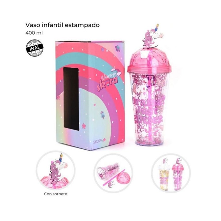 VASO INFANTIL TRANSPARENTE CON SORBETE Y TAPA REDONDA. ESTAMPA MARIPOSAS Y LENTEJUELAS