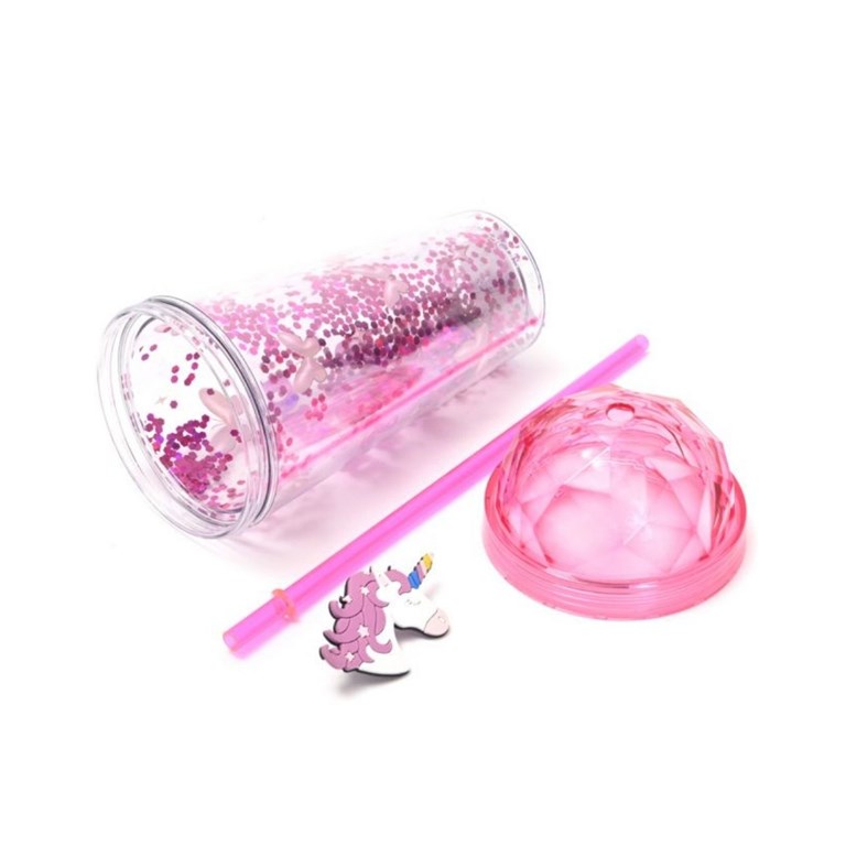 VASO INFANTIL TRANSPARENTE CON SORBETE Y TAPA REDONDA. ESTAMPA MARIPOSAS Y LENTEJUELAS