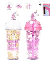 VASO INFANTIL TRANSPARENTE CON SORBETE Y TAPA REDONDA. ESTAMPA MARIPOSAS Y LENTEJUELAS