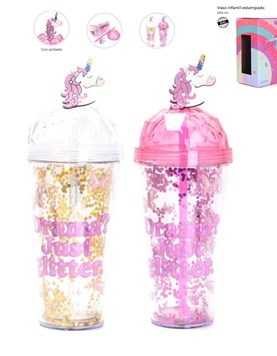 VASO INFANTIL TRANSPARENTE CON SORBETE Y TAPA REDONDA. ESTAMPA MARIPOSAS Y LENTEJUELAS