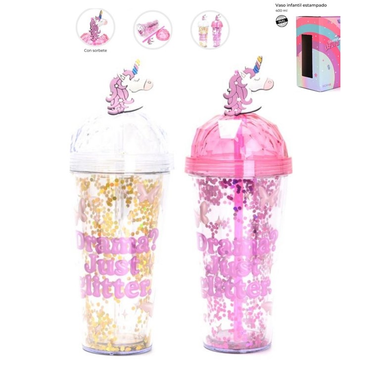 VASO INFANTIL TRANSPARENTE CON SORBETE Y TAPA REDONDA. ESTAMPA MARIPOSAS Y LENTEJUELAS