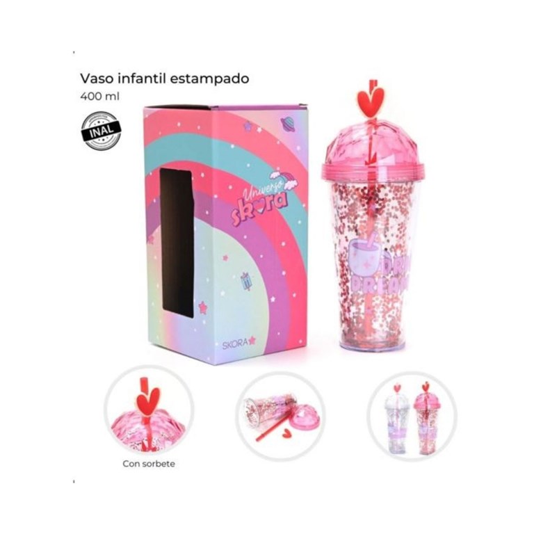 VASO INFANTIL TRANSPARENTE CON TAPA REDONDA. ESTAMPA 'DRINK DREAMS'