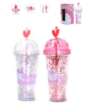 VASO INFANTIL TRANSPARENTE CON TAPA REDONDA. ESTAMPA 'DRINK DREAMS'