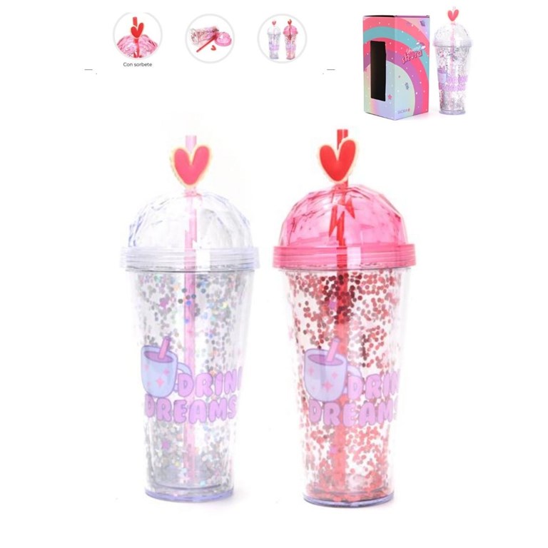 VASO INFANTIL TRANSPARENTE CON TAPA REDONDA. ESTAMPA 'DRINK DREAMS'