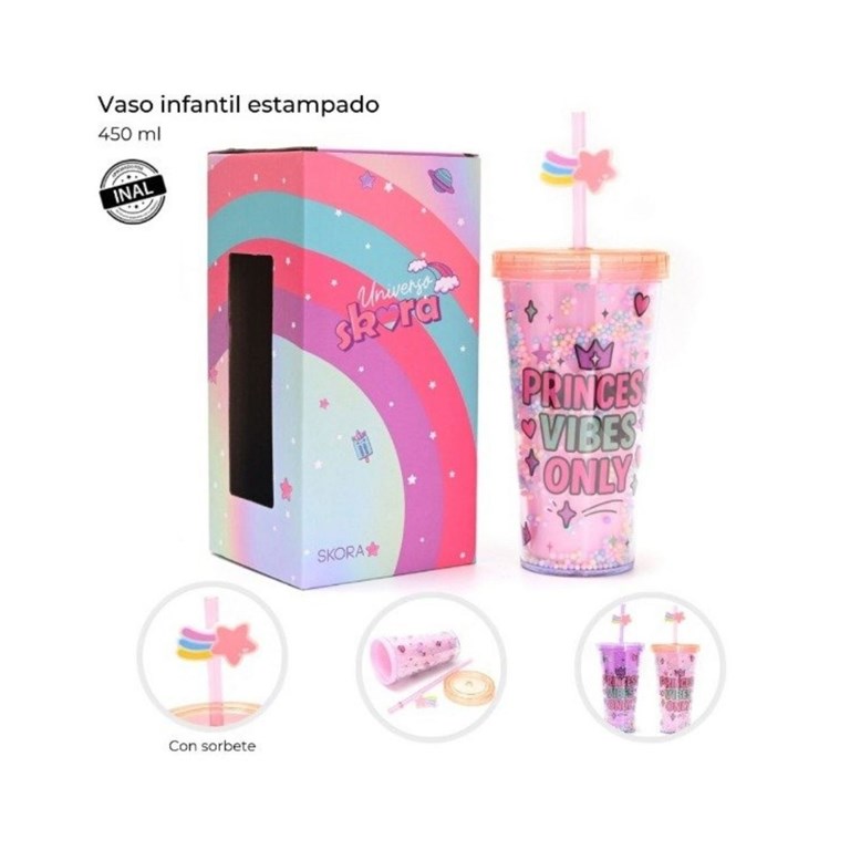 VASO INFANTIL CON TAPA Y SORBETE. ESTAMPA 'PRINCESS VIBES ONLY'