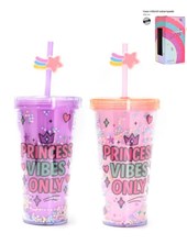 VASO INFANTIL CON TAPA Y SORBETE. ESTAMPA  'PRINCESS VIBES ONLY'