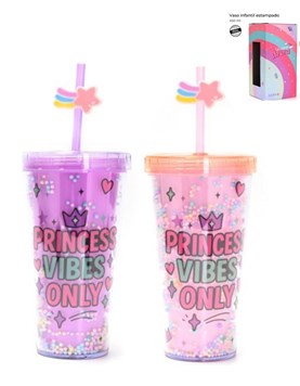 VASO INFANTIL CON TAPA Y SORBETE. ESTAMPA 'PRINCESS VIBES ONLY'