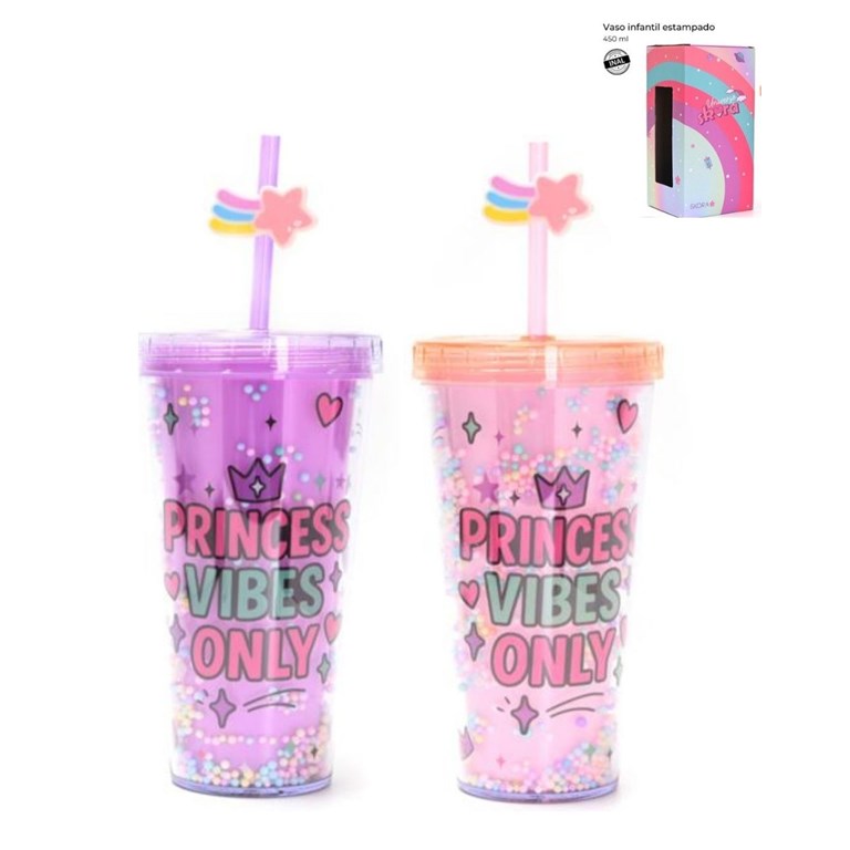 VASO INFANTIL CON TAPA Y SORBETE. ESTAMPA 'PRINCESS VIBES ONLY'