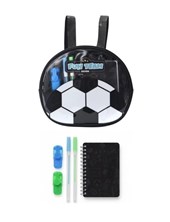 Mochila negra con set libreria incluye cuaderno. Estampa pelota futbol.