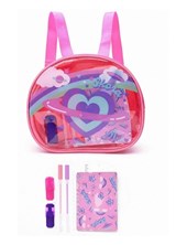 Mochila rosa con set libreria incluye cuaderno. Estampa corazon planeta 21x8x19 cm