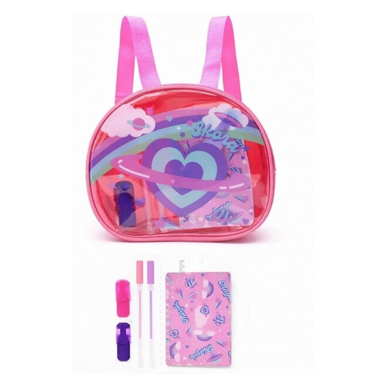 Mochila rosa con set libreria incluye cuaderno. Estampa corazon planeta 21x8x19 cm