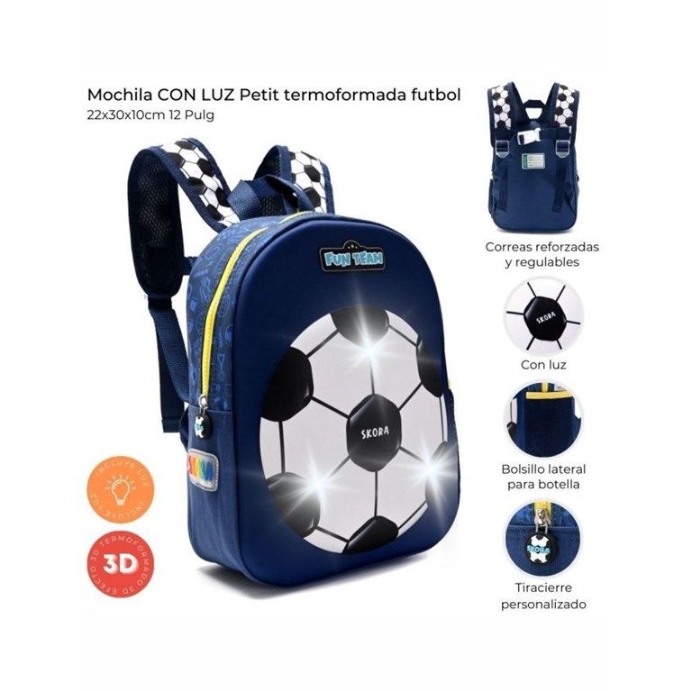 Mochila con luz petit termoformada futbol blue 22x30x10 12 pulgadas