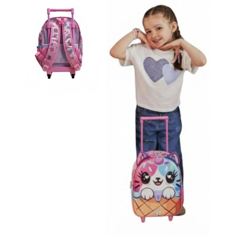 MOCHILA CON CARRO KAWAII TERMOFORMADA GATITO HELADO. MED. 22 X 30X 10 CM. 12'. DISNEY