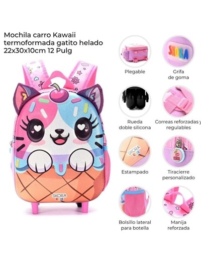 MOCHILA CON CARRO KAWAII TERMOFORMADA GATITO HELADO. MED. 22 X 30X 10 CM. 12'. DISNEY