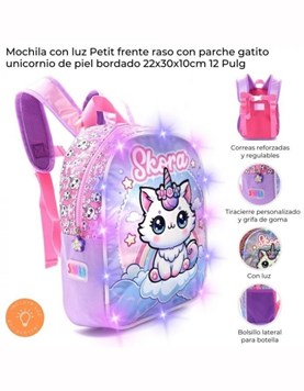Mochila petit espalda termoformada 3d gatito unicornio con luz.Medidas 22x30x10 12 pulgadas