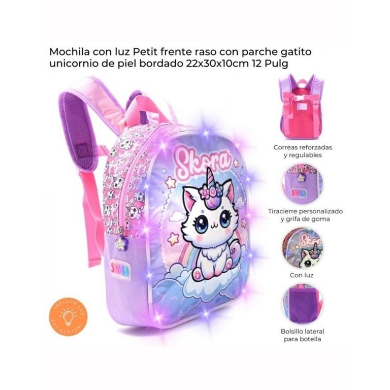 Mochila petit espalda termoformada 3d gatito unicornio con luz.Medidas 22x30x10 12 pulgadas