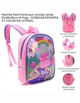 Mochila petit termoformada mundo candy.Medidas 22x30x10 pulgadas 12
