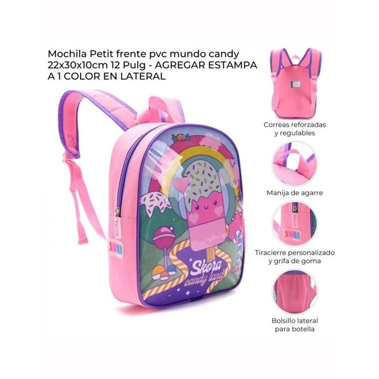 Mochila petit termoformada mundo candy.Medidas 22x30x10 pulgadas 12