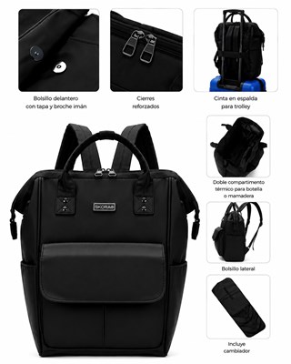 MOCHILA MATERNAL NEGRA CON CAMBIADOR 14' 36X24X19 CM DOBLE COMPARTIMENTO