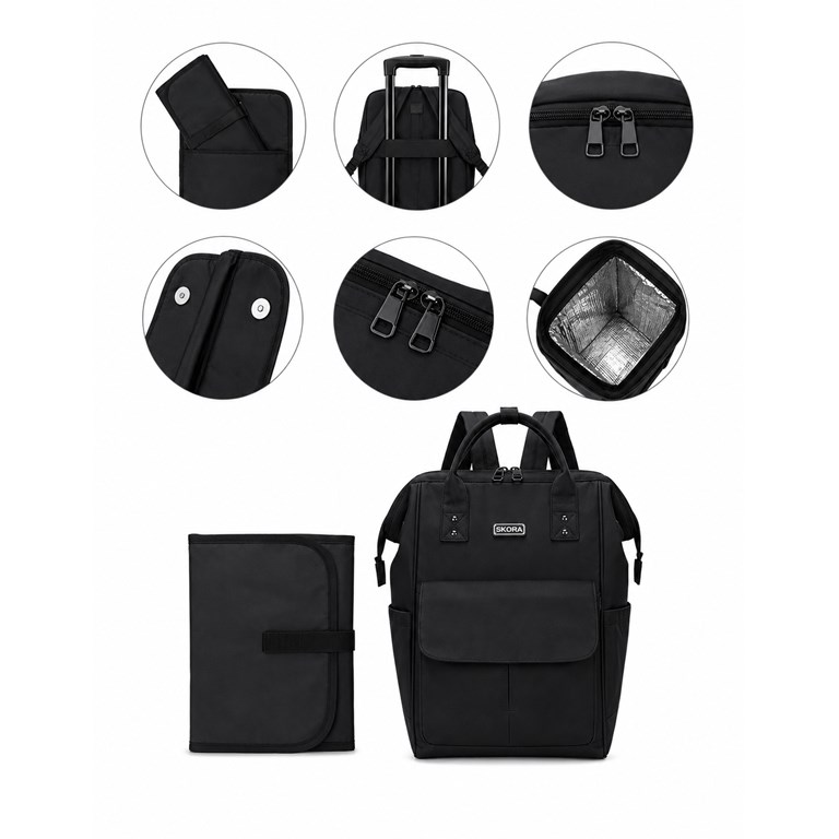 MOCHILA MATERNAL NEGRA CON CAMBIADOR 14' 36X24X19 CM DOBLE COMPARTIMENTO