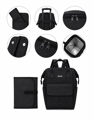 MOCHILA MATERNAL NEGRA CON CAMBIADOR 14' 36X24X19 CM DOBLE COMPARTIMENTO