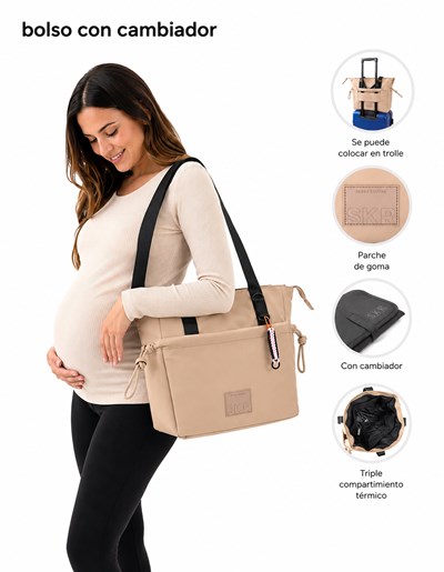 BOLSO MATERNAL CAMEL CON CAMBIADOR Y LLAVERO 33X9X33 CM