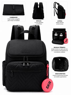 MOCHILA MATERNAL NEGRA  MATELASSE CON CAMBIADOR Y MONEDERO 36X29X16 CM