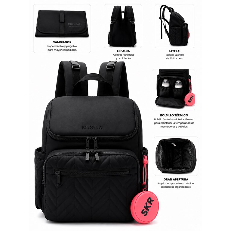 MOCHILA MATERNAL NEGRA  MATELASSE CON CAMBIADOR Y MONEDERO 36X29X16 CM