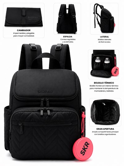 MOCHILA MATERNAL NEGRA  MATELASSE CON CAMBIADOR Y MONEDERO 36X29X16 CM