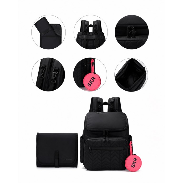 MOCHILA MATERNAL NEGRA  MATELASSE CON CAMBIADOR Y MONEDERO 36X29X16 CM