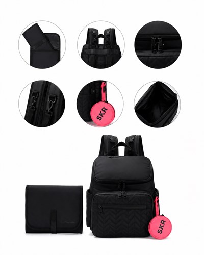 MOCHILA MATERNAL NEGRA  MATELASSE CON CAMBIADOR Y MONEDERO 36X29X16 CM