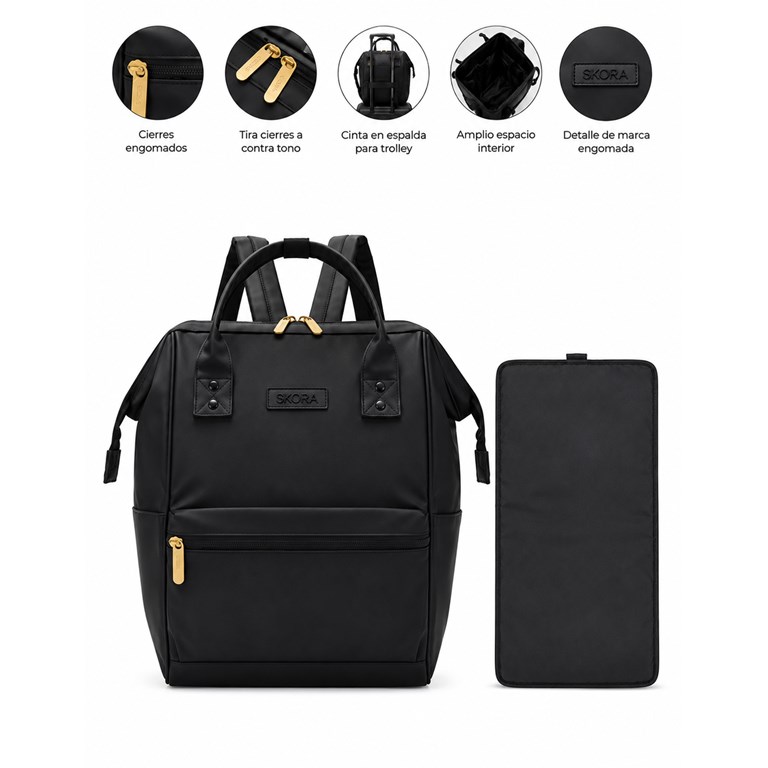 MOCHILA MATERNAL NEGRA  BOCA DE PEZ 40X25X18 CM
