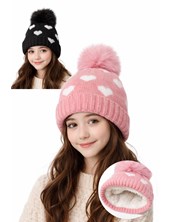 GORRO INFANTIL TEJIDO Y CORDERITO INTERNO. CON POMPON Y CORAZONES
