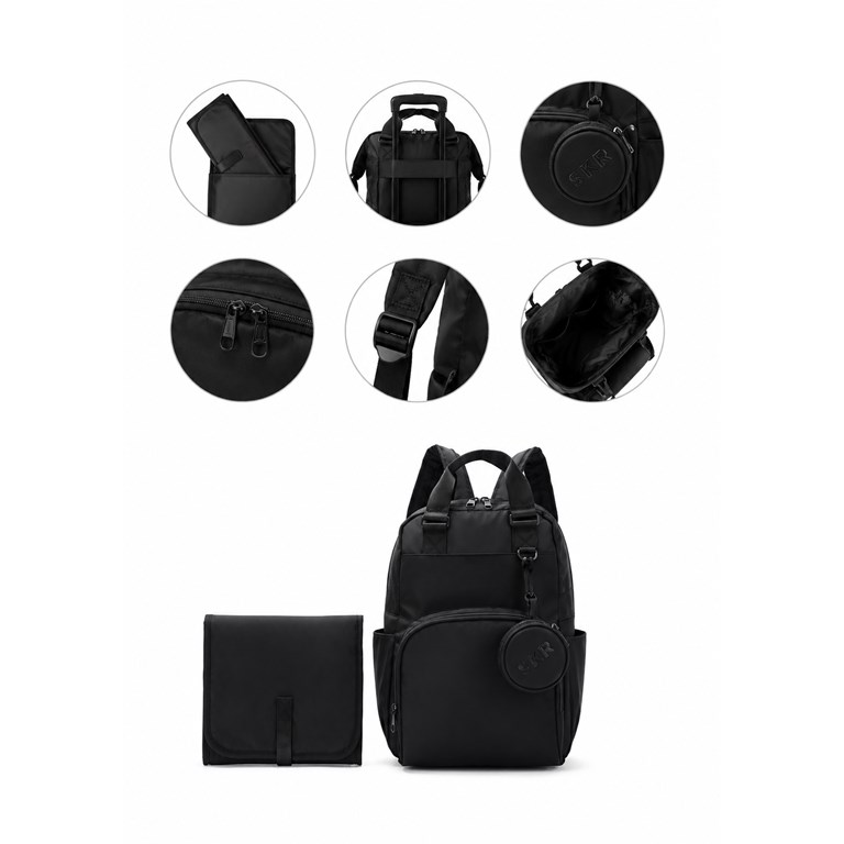 MOCHILA NEGRA MATERNAL PARA TROLLEY CON CAMBIADOR Y MONEDERO. MEDIDAS: 30X41X14CM